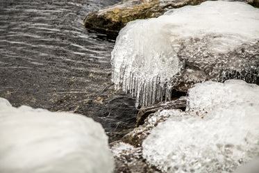 ice covered rock by waters edge