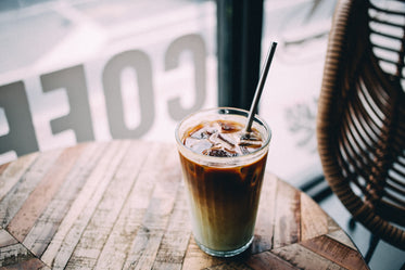 iced latte at coffee shop window