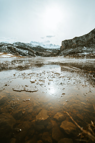 icy lake and frozen mountains behind