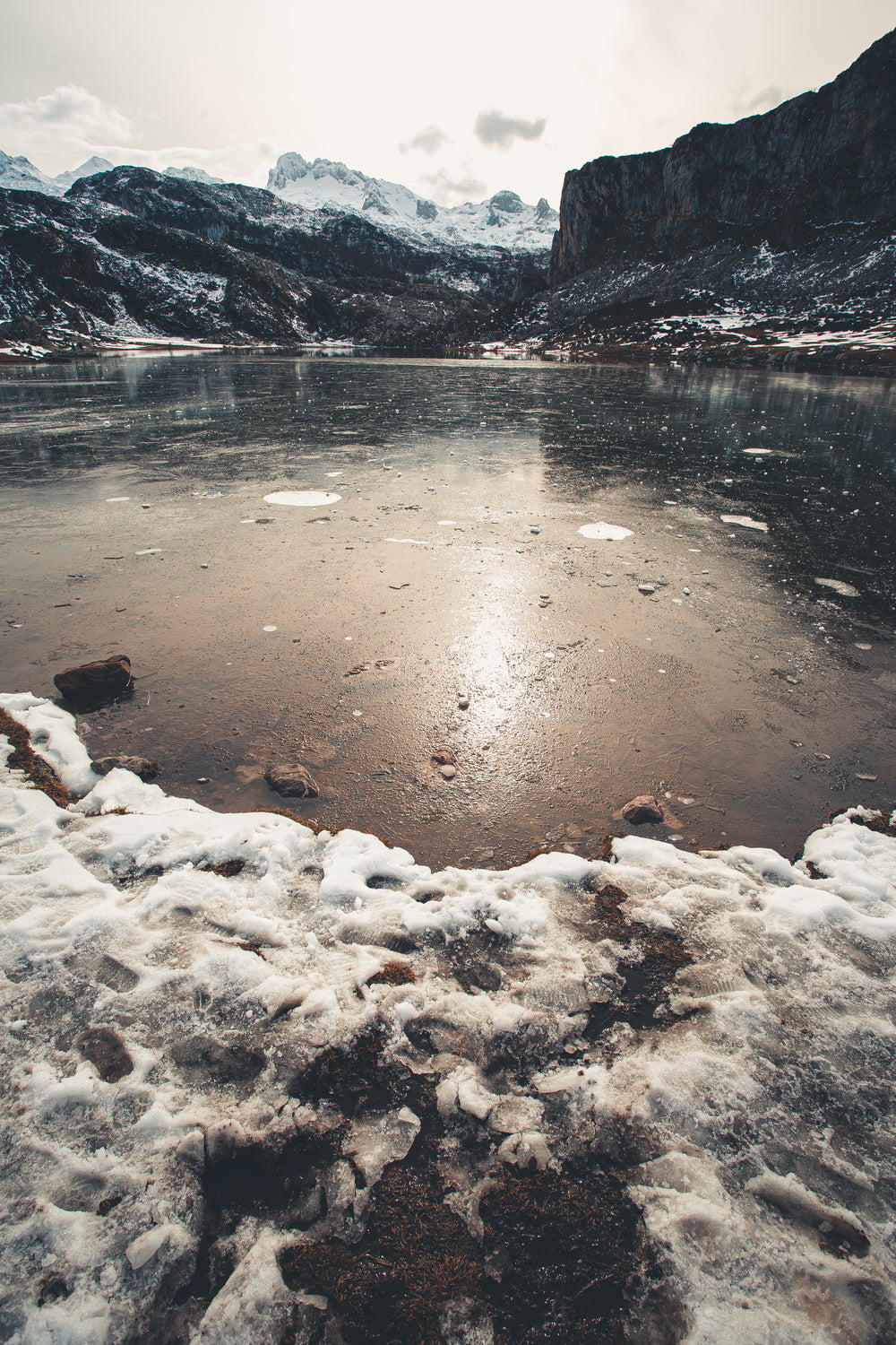 icy lake and snowy mountain tops