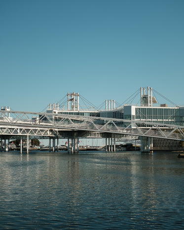 industrial building on stilts over lake