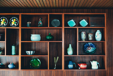 interior decor shelving with ceramic art
