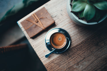 journal and coffee at table