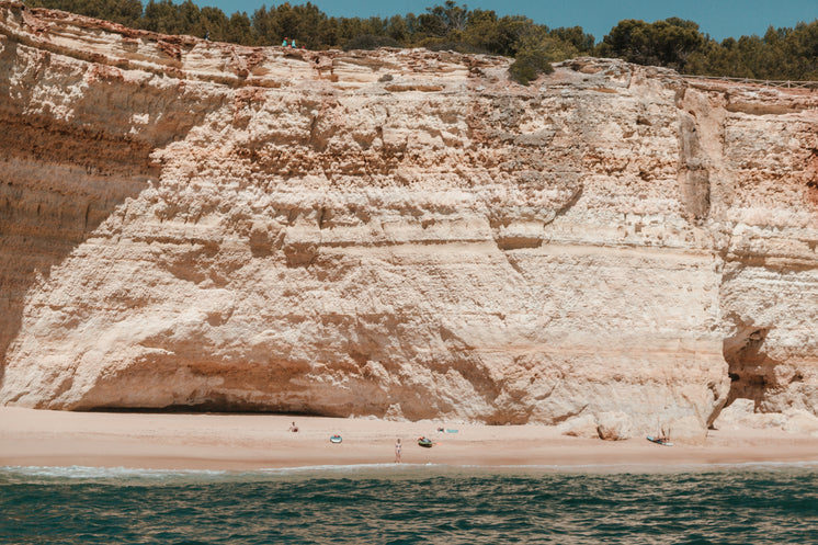 Kayakers And Surfers On A Sandy Beach Under Limestone Cliffs