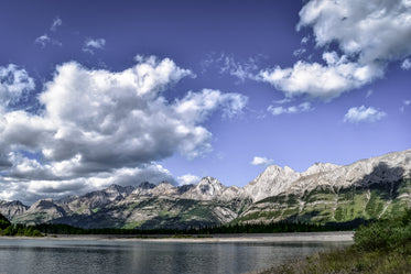 lake beside summer mountains rocky and green