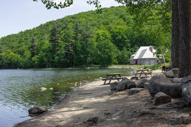 lakeside cabin in the woods