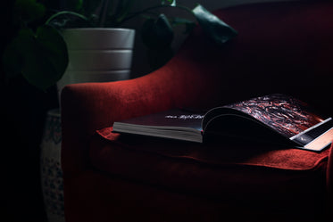 large coffee table book on a red sofa chair