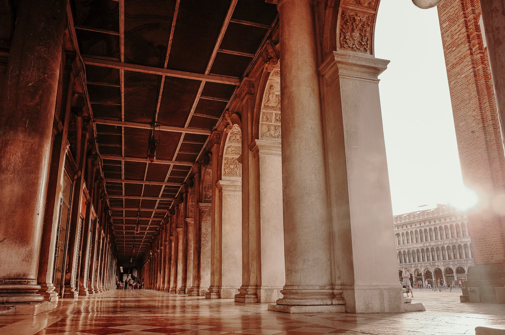 large entrance hallway with tall columns