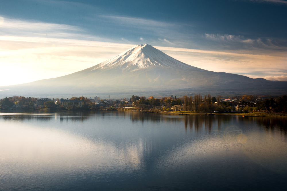 large snow capped mountain reflected in a blue lake