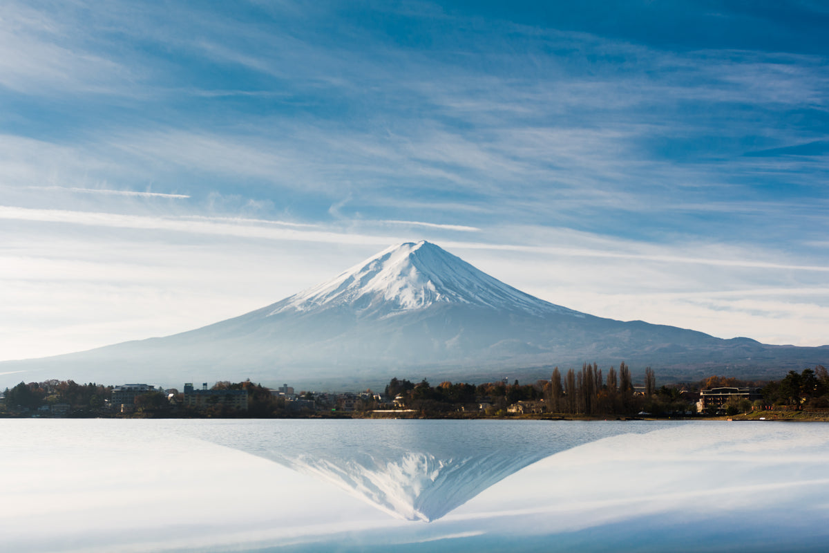 large snow capped mountain reflected in still lake