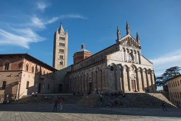 large stone church by town square