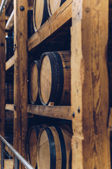 large wooden wine barells in frame