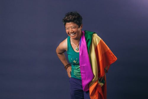 laughing portrait with pride flag