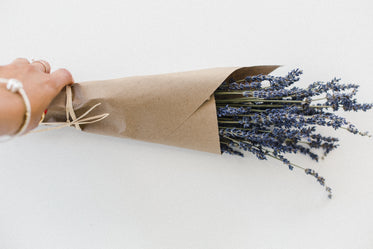 lavender in brown paper over white background