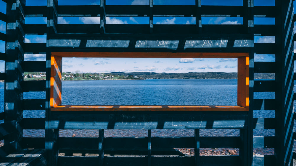 letterbox view of lakeside town