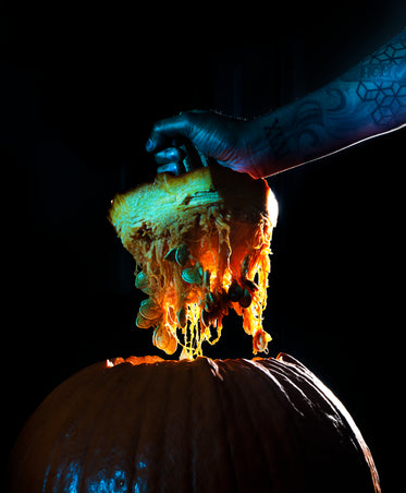 lifting the top off of a freshly carved pumpkin