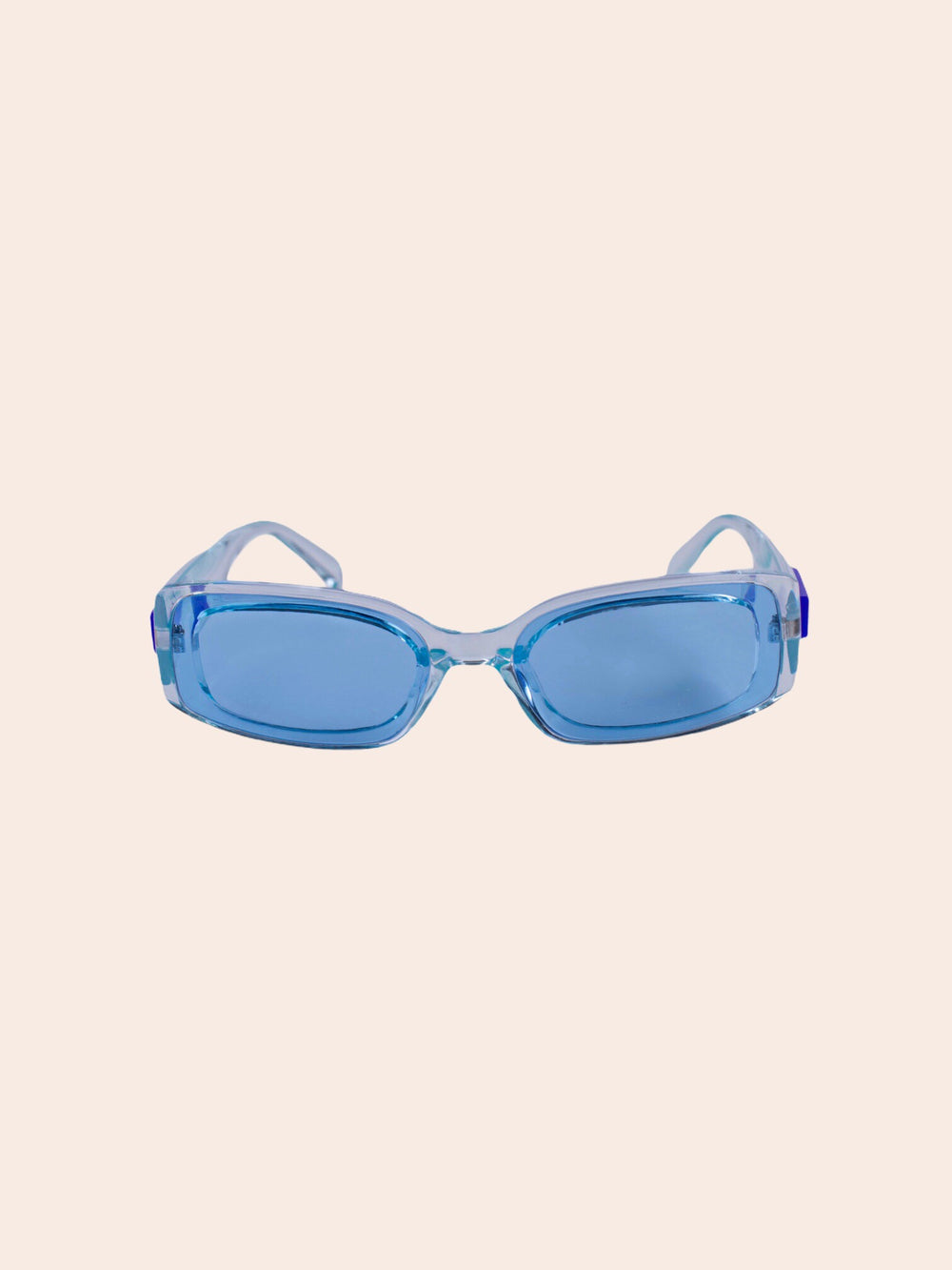 light blue sunglass frames against white