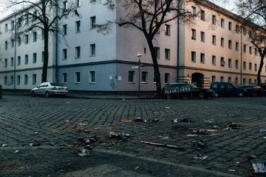 litter strewn about an empty intersection