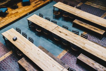 long wooden tables from above