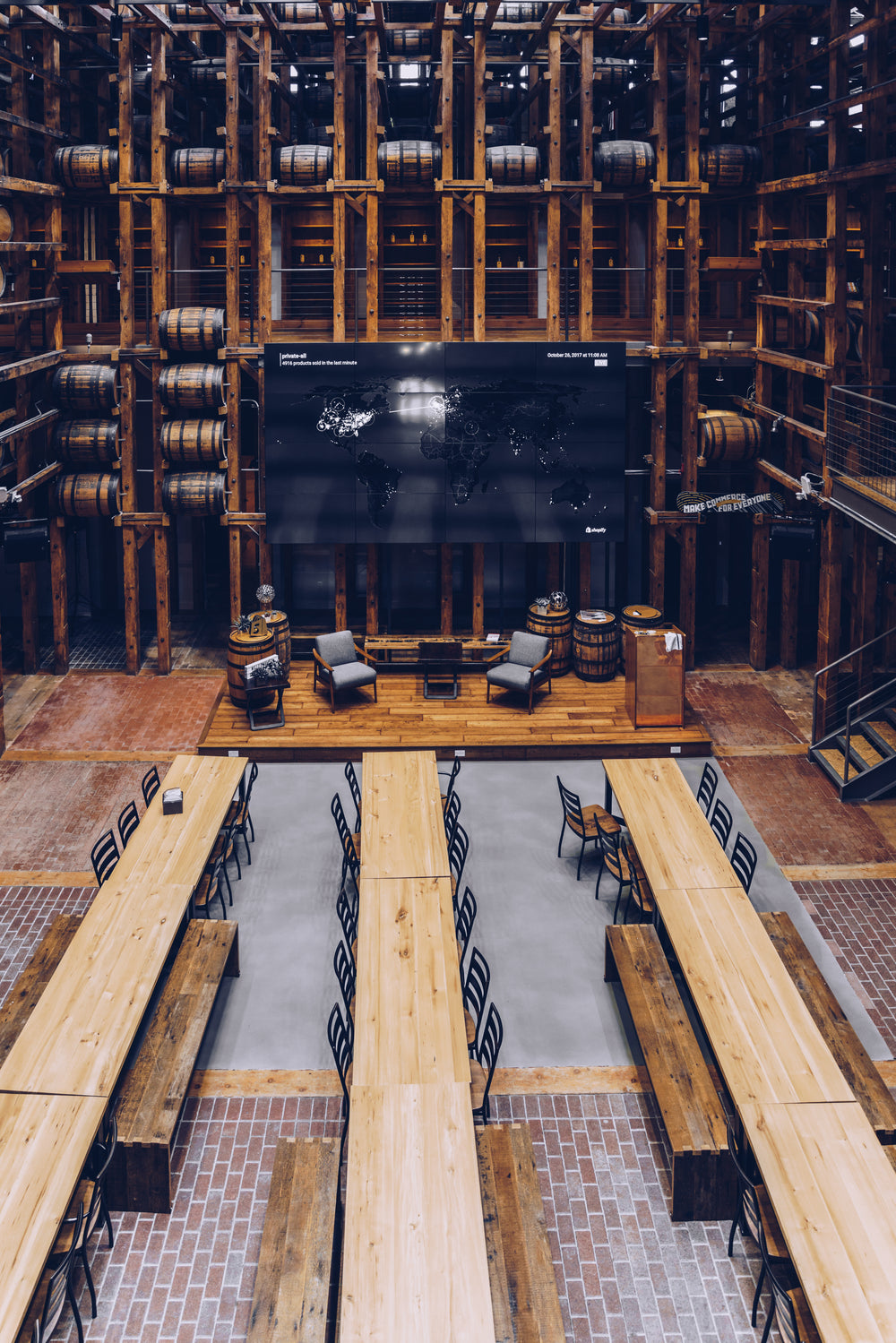 long wooden tables in hall from above