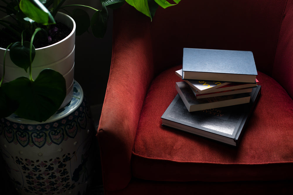 looking down at a stack of books on a red sofa chair