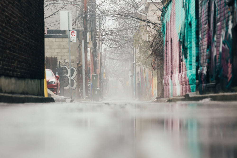 low angle foggy alley