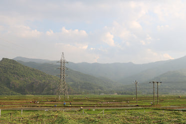 lush green farm field and tall metal structure