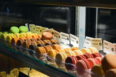 macarons on display at bakery