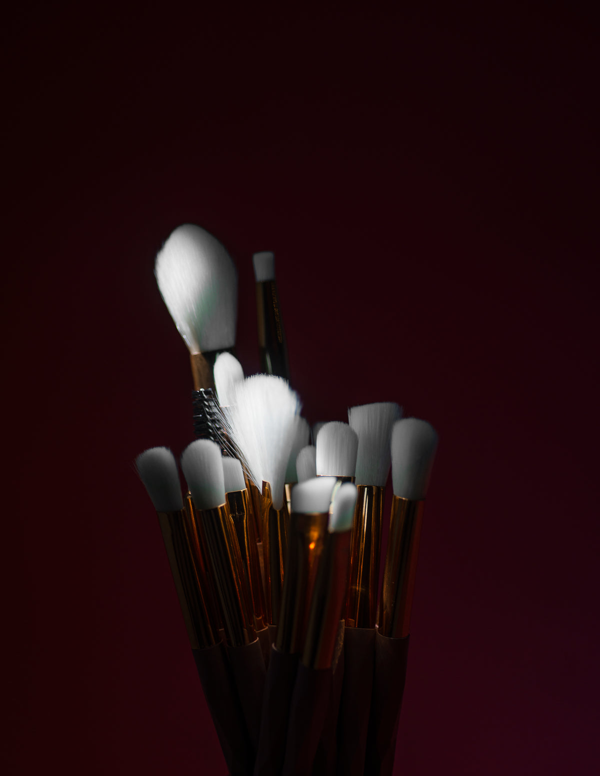 makeup brushes against deep red background