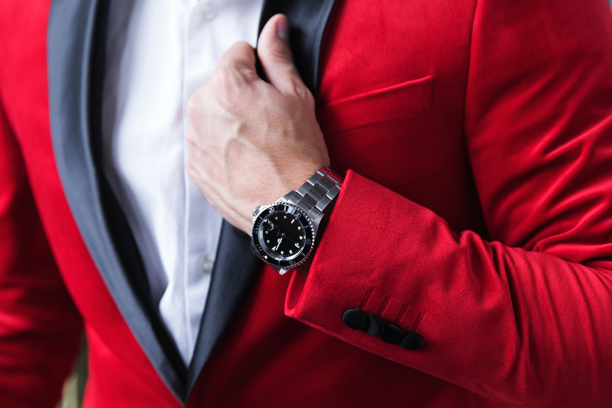 man in red tuxedo detail shot