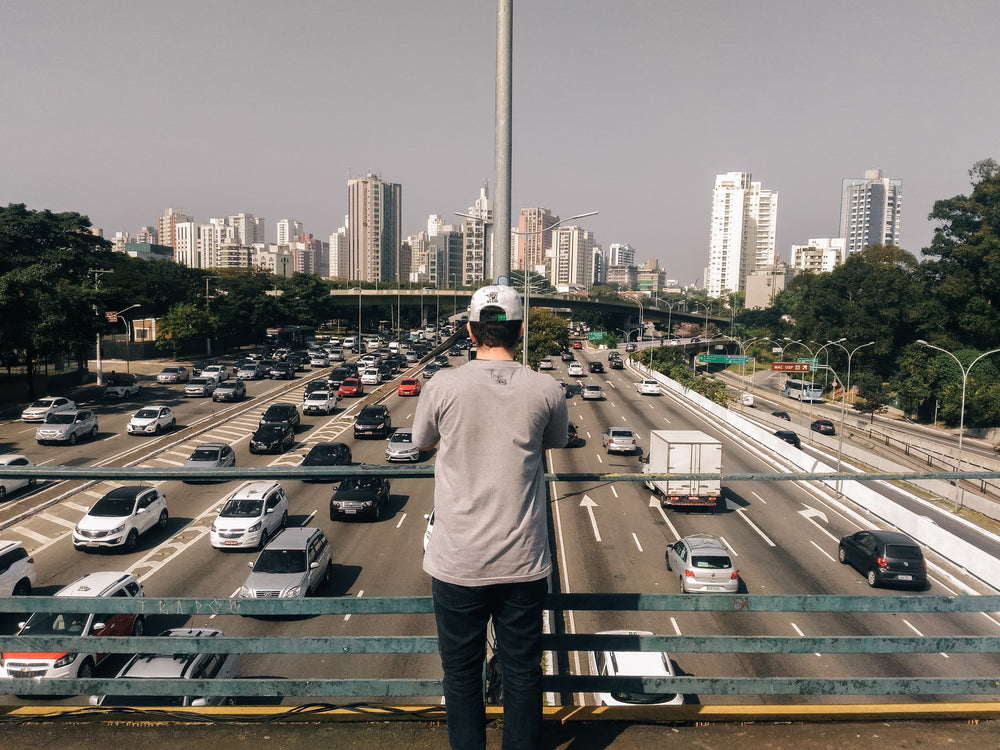 man overlooks highway bridge