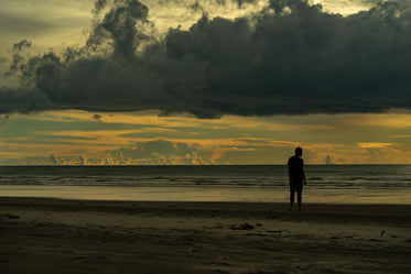 man thinking on beach at dusk