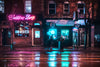 man walking past bar in neon light