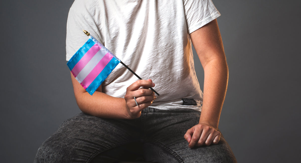 medium shot of person holding trans pride flag