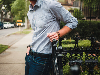 Men's Fashion Close Up Shirt Tucked In Leaning
