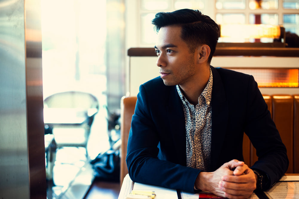 mens fashion in restaurant booth