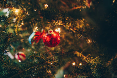 metallic red ball ornament on tree