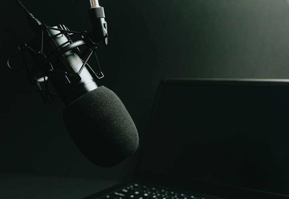 microphone on a stand and laptop in monochrome