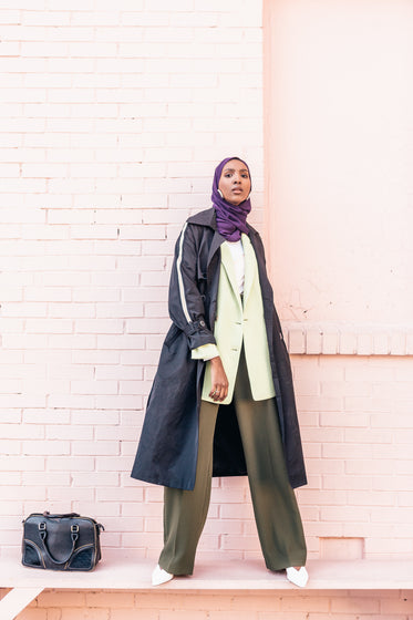 model in spring style longline jacket and pastel blazer