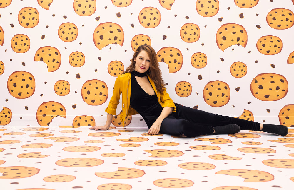 model is posing on the floor of a cookie-themed room