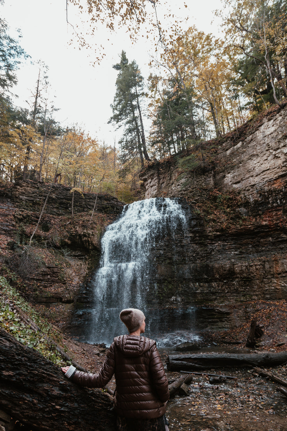 model poses by waterfall