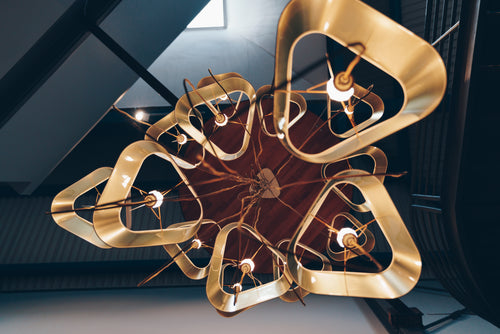 modern bronze chandelier from below