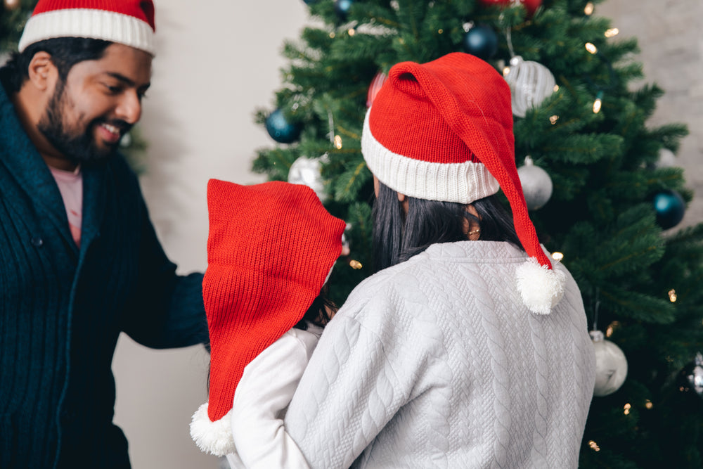 mãe e pai mostram a árvore de natal ao filho