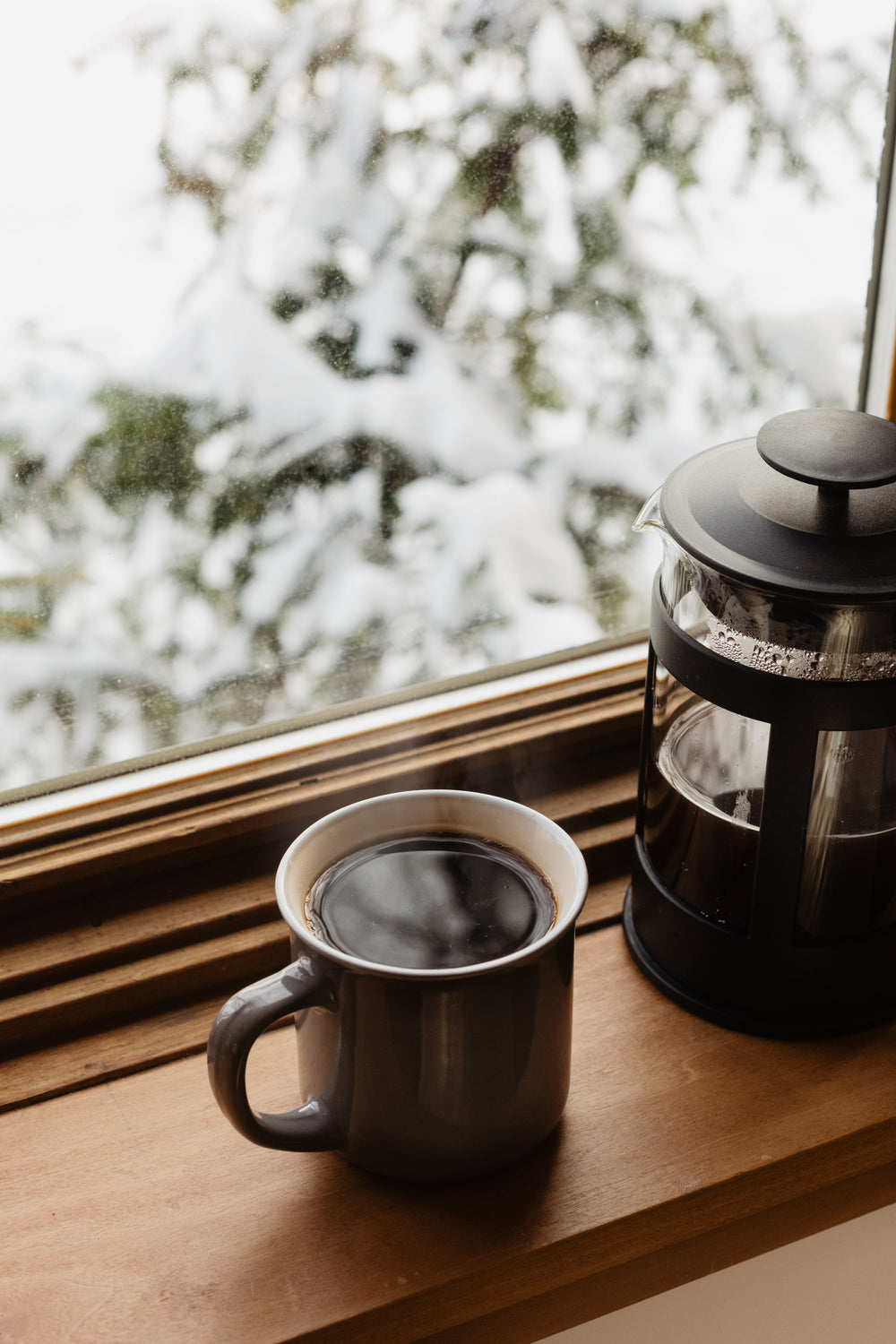 mug of coffee and a french press on a window sill
