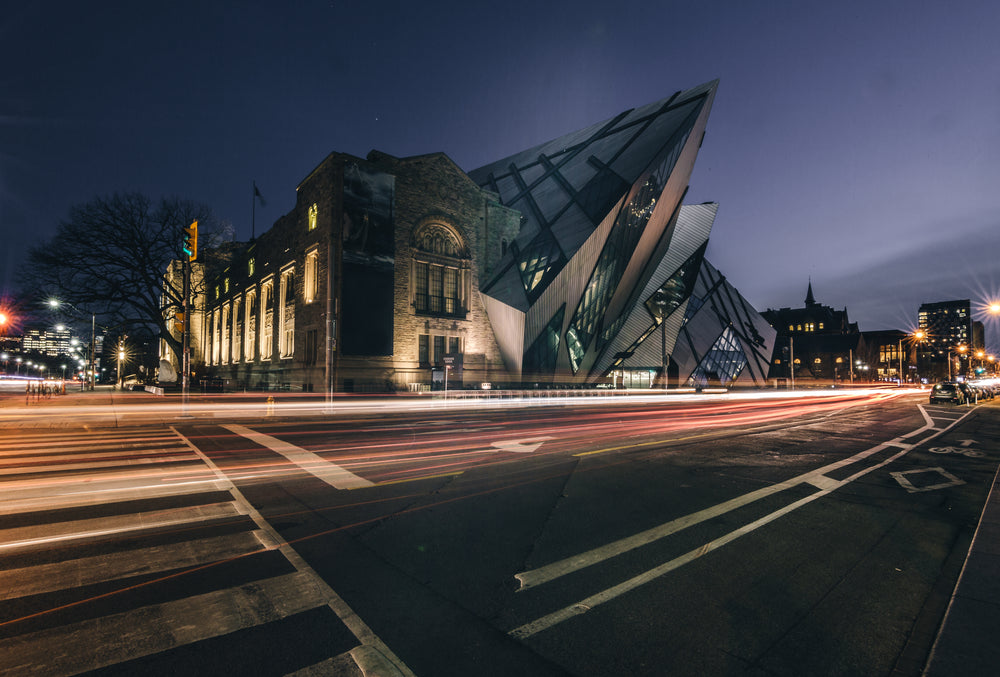 museum at night with streaks of light