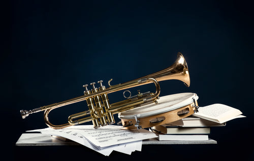 musical instrument still life trumpet tamborine