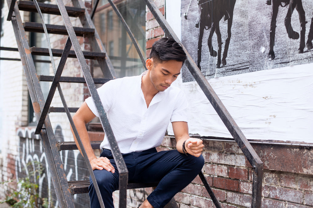 navy pants and white shirt men's fashion