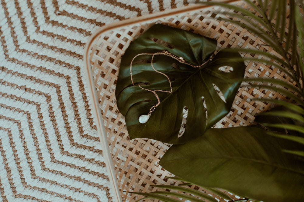 necklace laying on a monstera leaf
