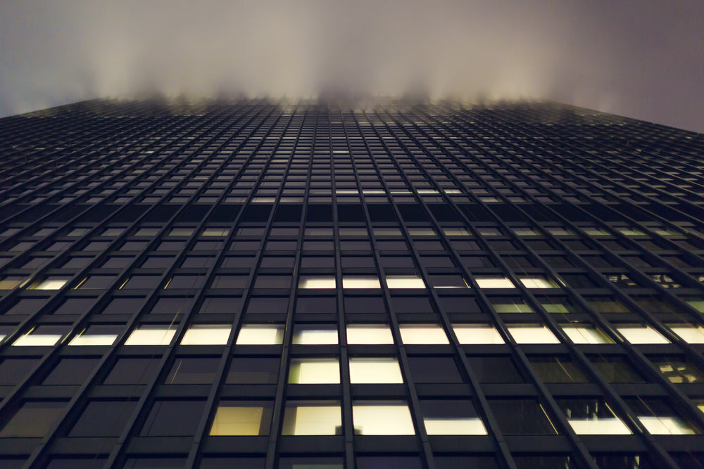 office building with night fog