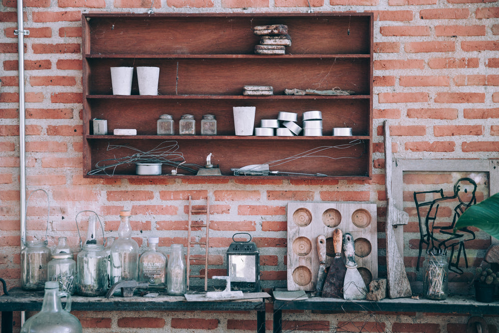 old workshop bench with tools